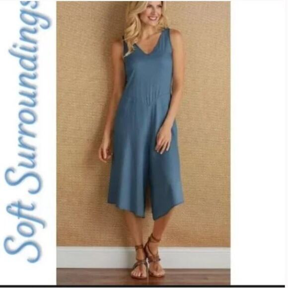 Soft Surroundings Romper Denim Blue Chambray Culottes Jumpsuit Women Size Medium - Picture 1 of 5